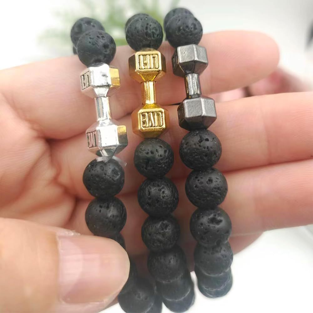 Men's Jewelry Alloy Metal Barbell & Lava Rock Stone Beads Fitness Fashion Dumbbell Bracelet