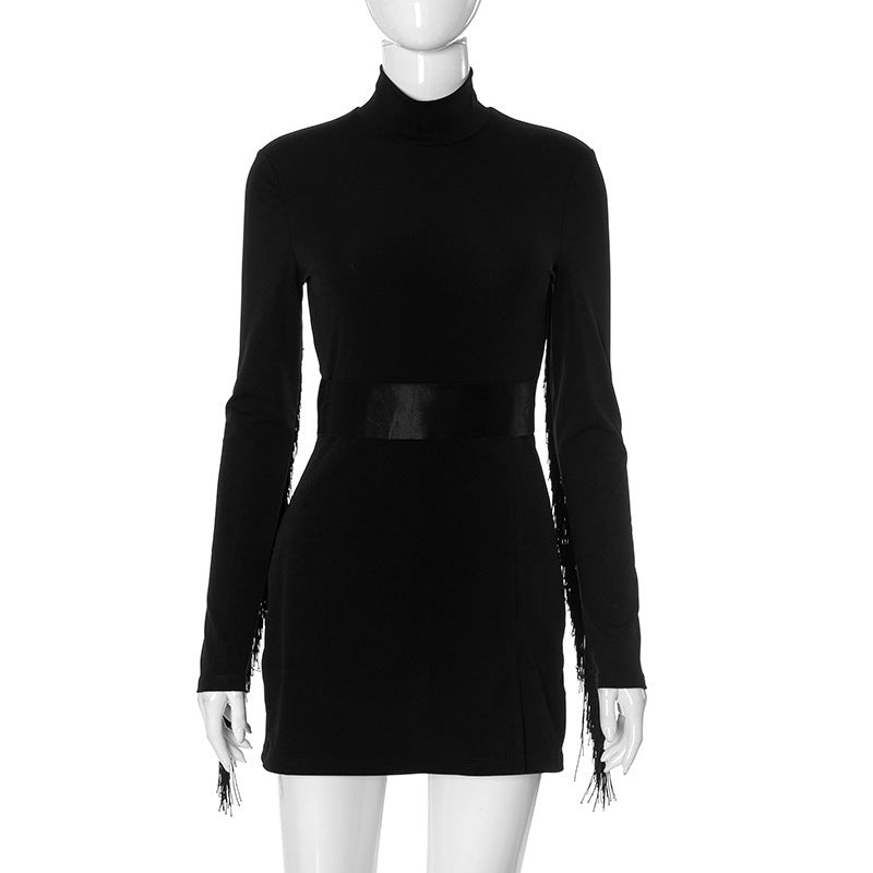 F24RP279 Europe And America Cross Border Women's New Plain Turtleneck Long Sleeve Slim-fit Sheath Back With Tassel One-piece Shorts