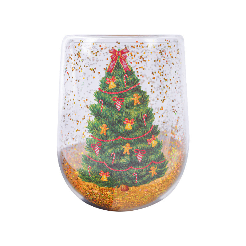 Christmas Tree Cups Heat Resistant Double Layer Flowing Sequins Christmas Cup Household Handwork Cartoon Christmas Trees Tumbler Kitchen Gadgets