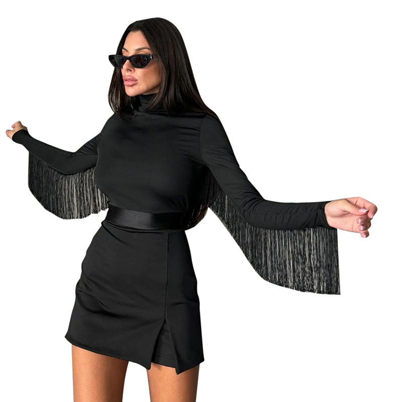 F24RP279 Europe And America Cross Border Women's New Plain Turtleneck Long Sleeve Slim-fit Sheath Back With Tassel One-piece Shorts